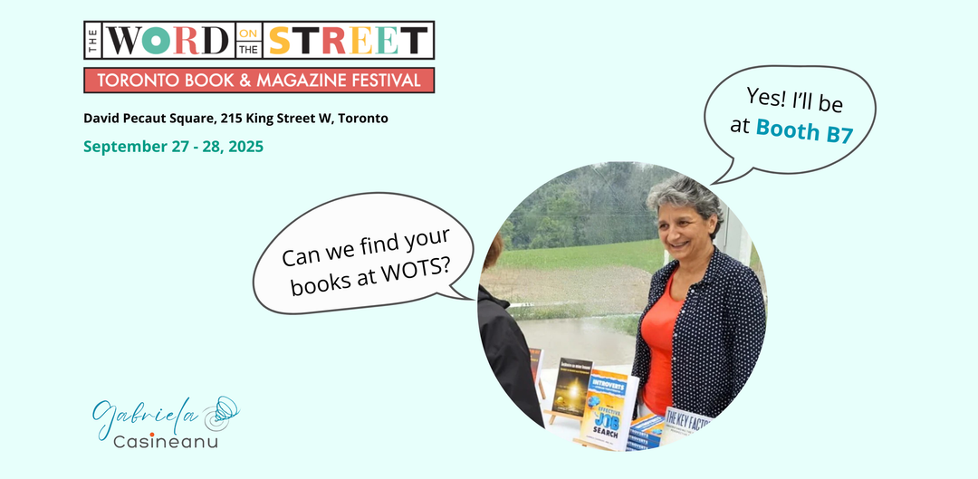 WOTS logo, 2 text bubbles explaining that Gabriela with have a booth at WOTS 2025 with her books