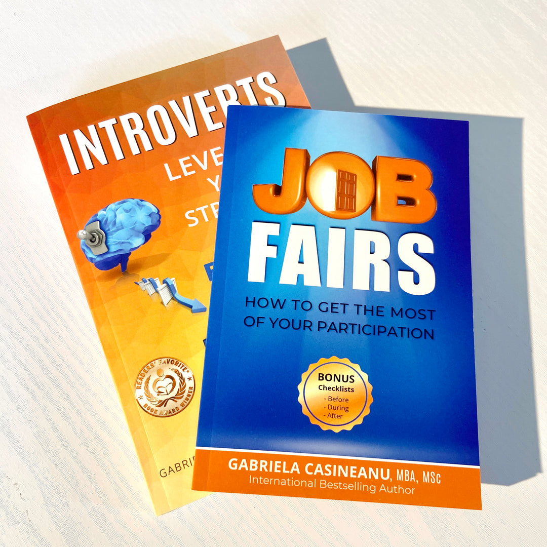 Two books titled 'Introverts: Leverage Your Strengths for an Effective job search' and 'Job Fairs' on a white background