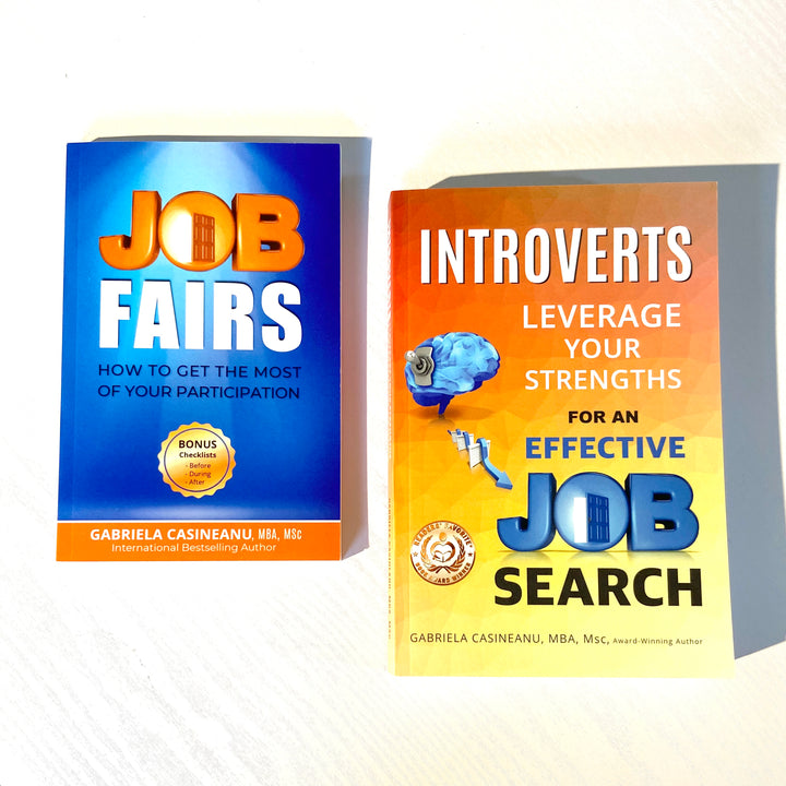 Two books on a white background, one titled 'Job Fairs' and the other 'Introverts Leverage Your Strengths for an Effective Job Search'.