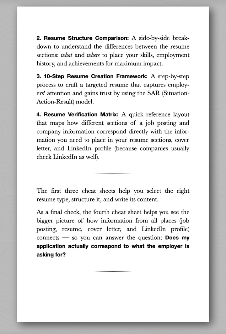 A printed page with title and description of 2  resume cheat sheets from Introvert&