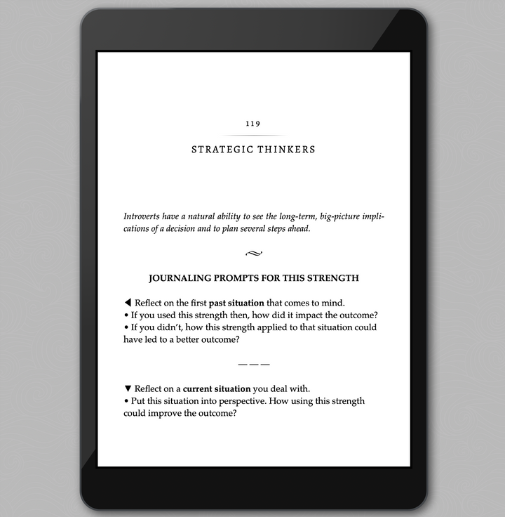 Digital tablet displaying chapter 119 "Strategic Thinkers" of Awaken Your Introvert Strengths Journal (ebook) an e-book page on a gray background