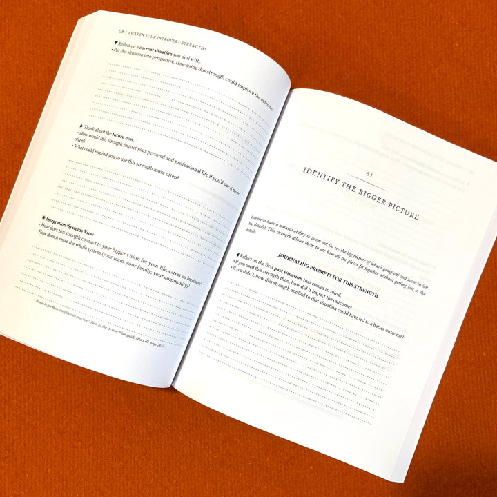 Awaken_Your_Introvert_Strengths_Self-Coaching_Journal pages for taking notes from guided prompts; "identify the bigger picture" introvert strength