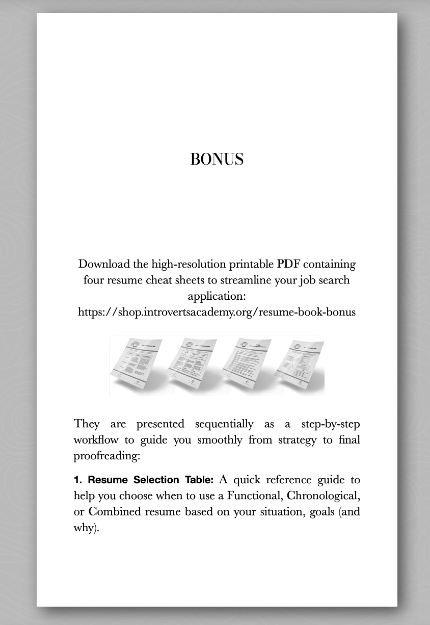 A preview page for a resume bonus PDF download from Introvert&