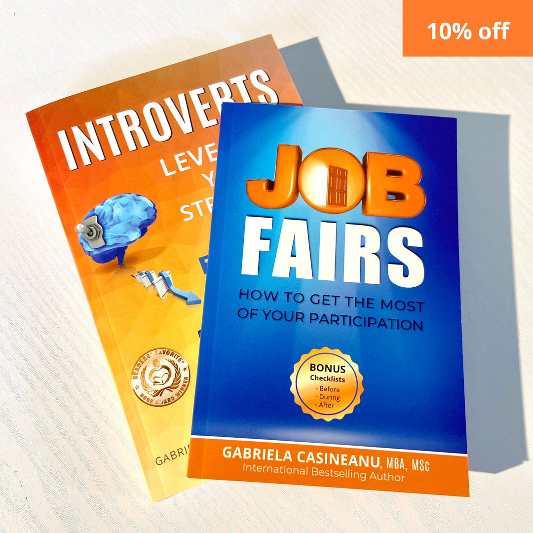 Two books titled 'Introverts' and 'Job Fairs' on a white background with a 10% off label.