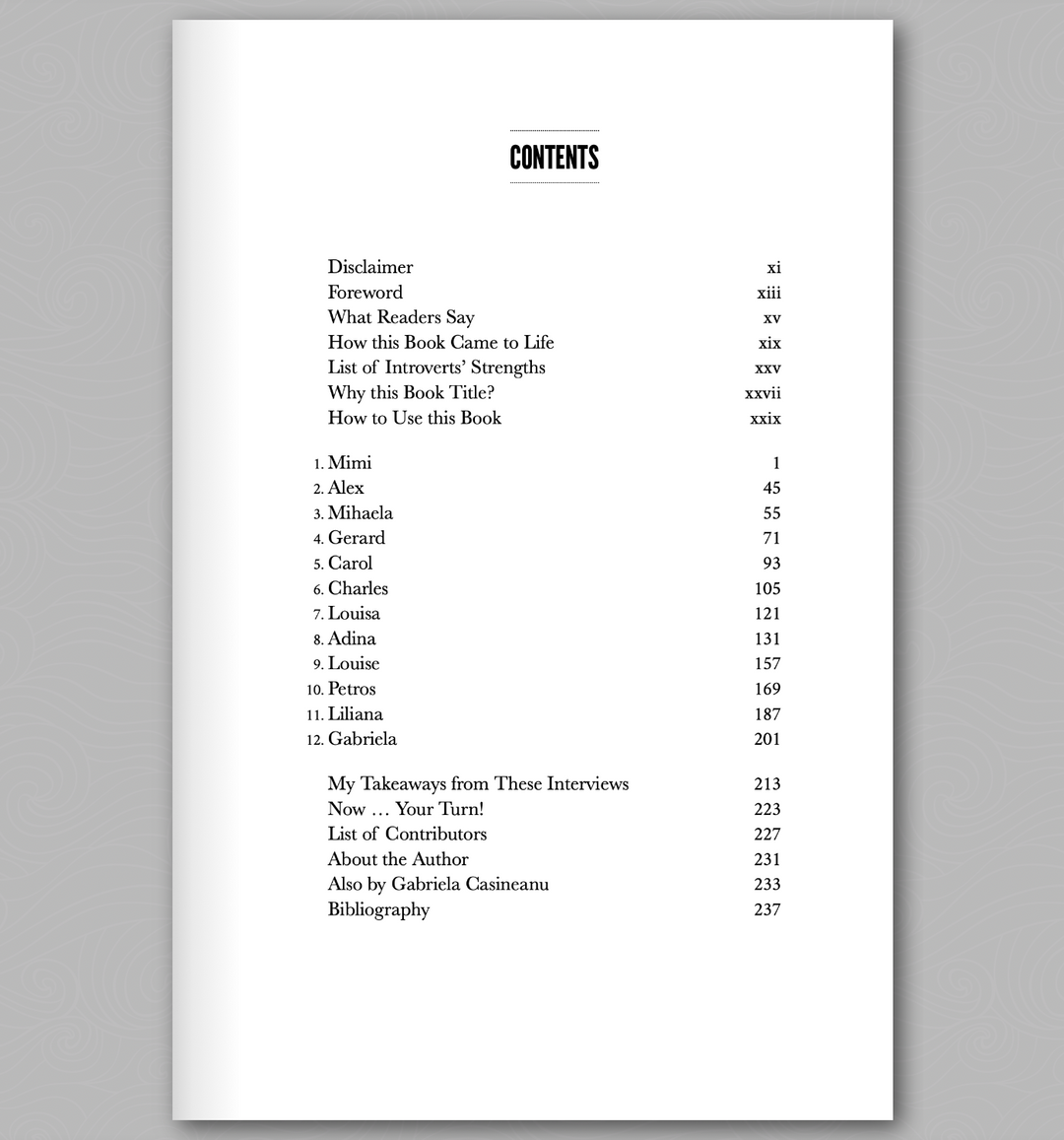 Table of contents of book Quiet Lessons for the Introvert’s Soul with black text on a white background.