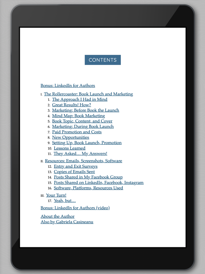 ipad with Contents of ebook Chapter 3 of How I Launched My First Book to Top the Charts in 7 Countries