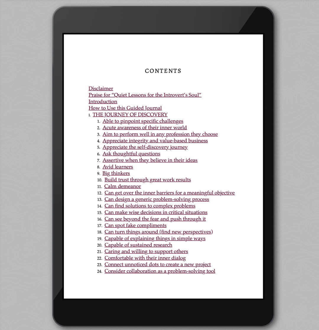 Tablet displaying a contents page of a Awaken Your Introvert Strengths guided journal on a gray background