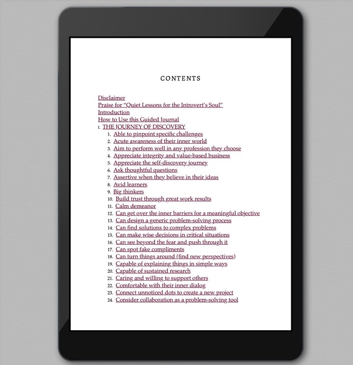 Tablet displaying a contents page of a Awaken Your Introvert Strengths guided journal on a gray background
