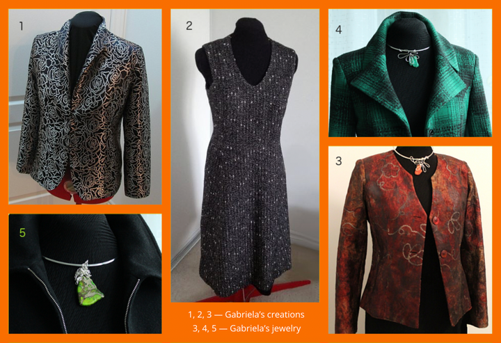 Collage of jackets and a dress with jewelry by Gabriela on mannequins against an orange border.