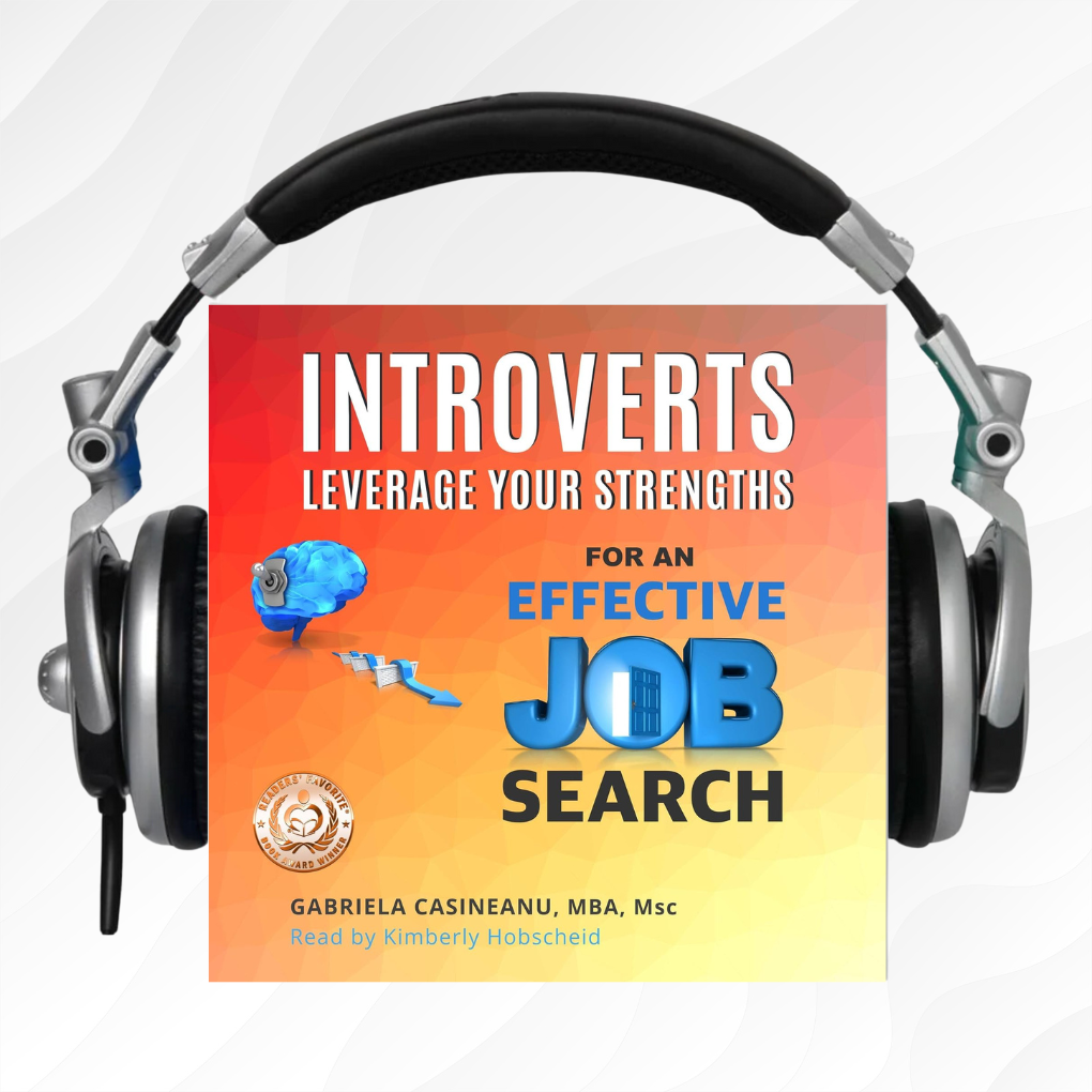 Cover of the audiobook 'Introverts: Leverage Your Strengths for an Effective Job Search' with headphones displayed prominently in the foreground.