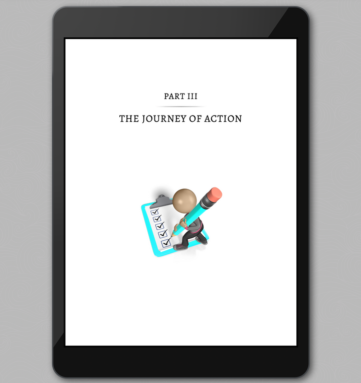 Digital book or e-reader screen displaying 'Part III: The Journey of Action' with a character holding a clipboard and pen.