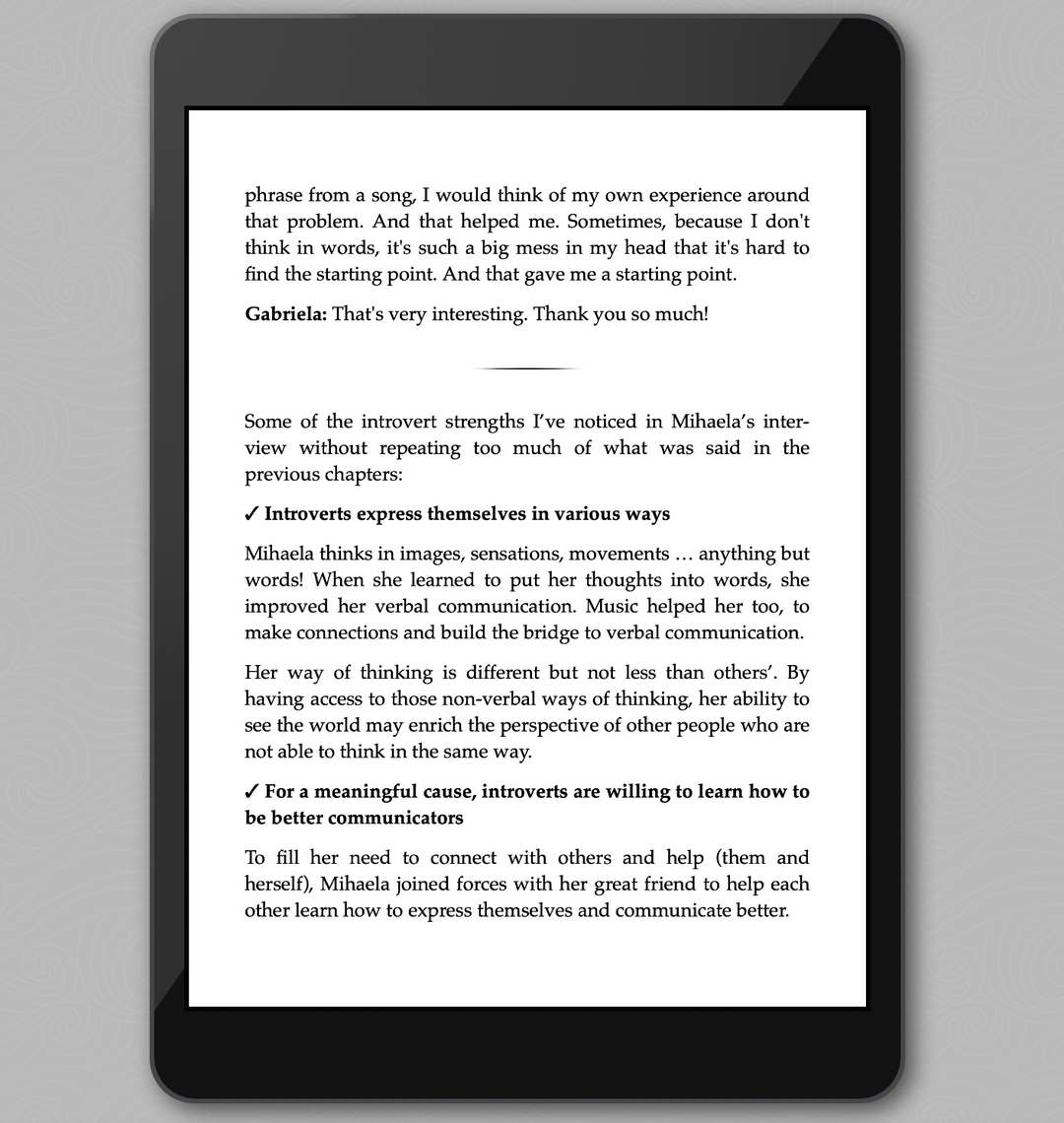 E-reader displaying a book  'Quiet Lessons for the Introvert’s Soul'  with text on a white background.