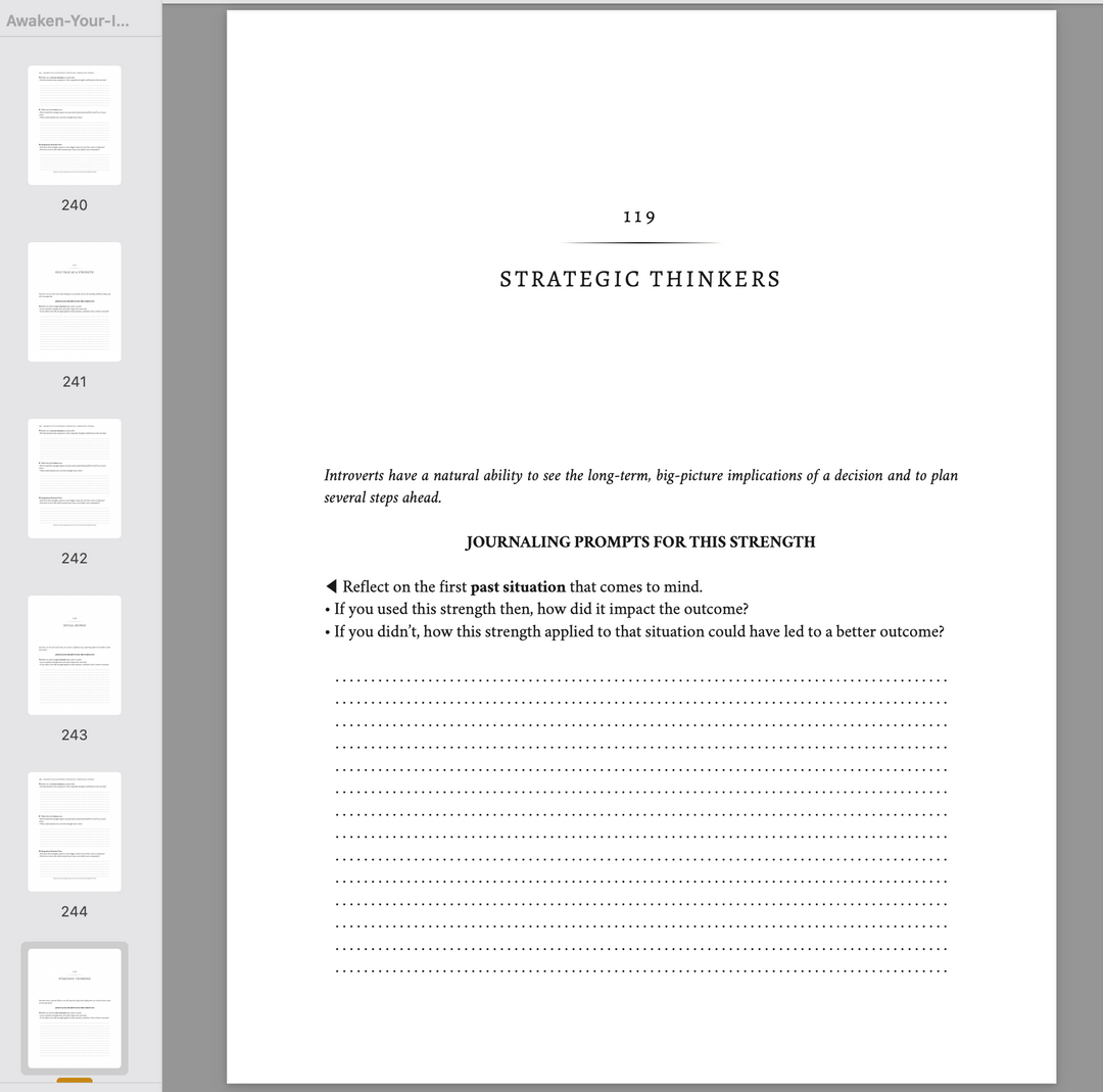 Page from a Companion Journal of ebook "Awaken Your Introvert Strengths" titled 'Strategic Thinkers' with text and journaling prompts.