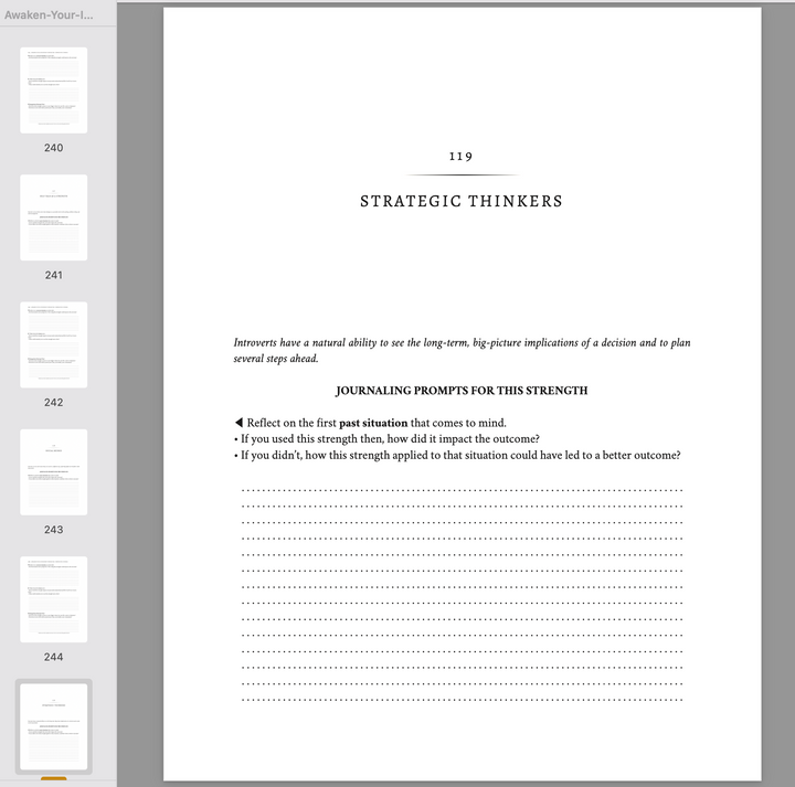 Page from a Companion Journal of ebook "Awaken Your Introvert Strengths" titled 'Strategic Thinkers' with text and journaling prompts.
