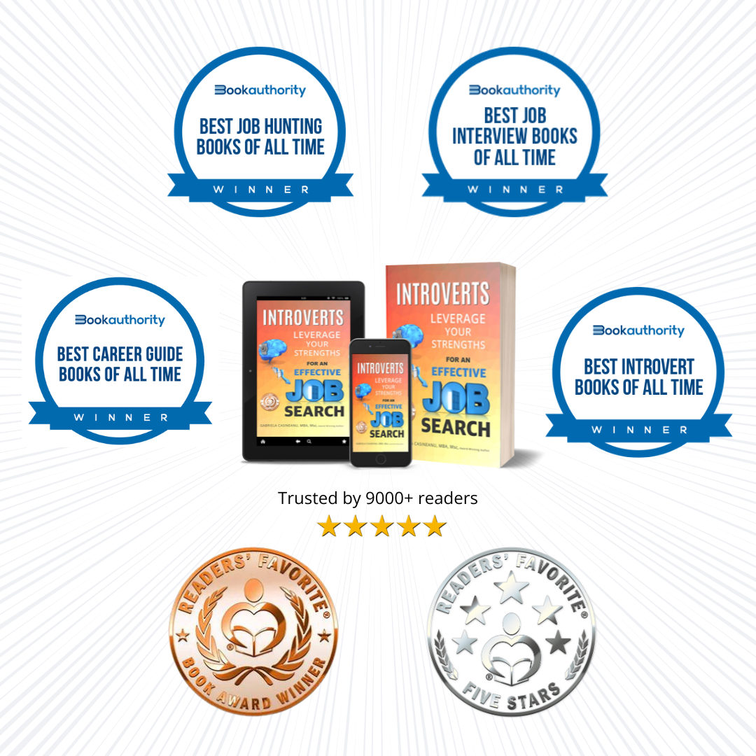 Book for introverts and job search and with awards, 5 stars, "trusted by 9000+ readers" on a white background