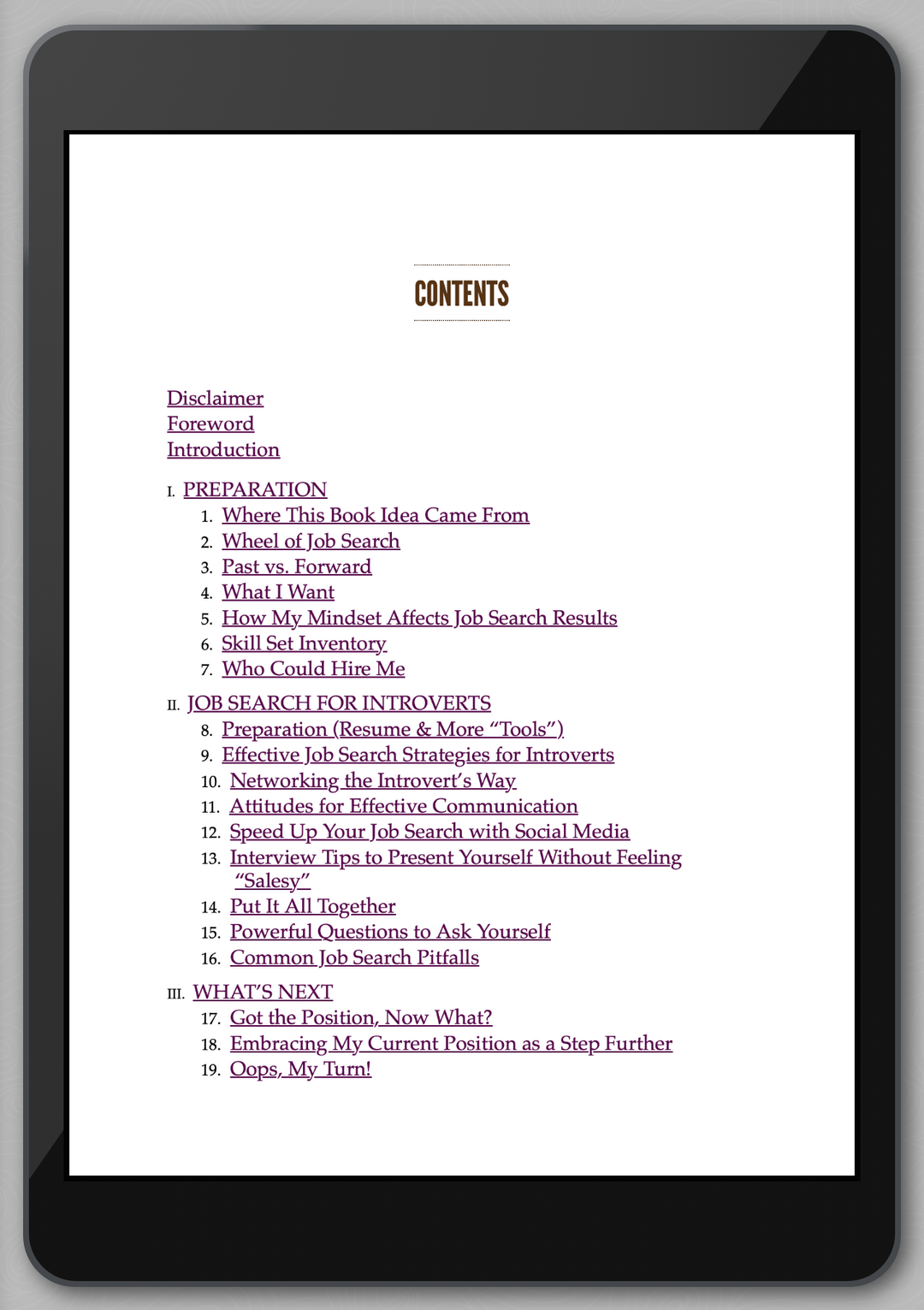 contents page of ebook Introverts Leverage Your Strengths for an Effective Job Search