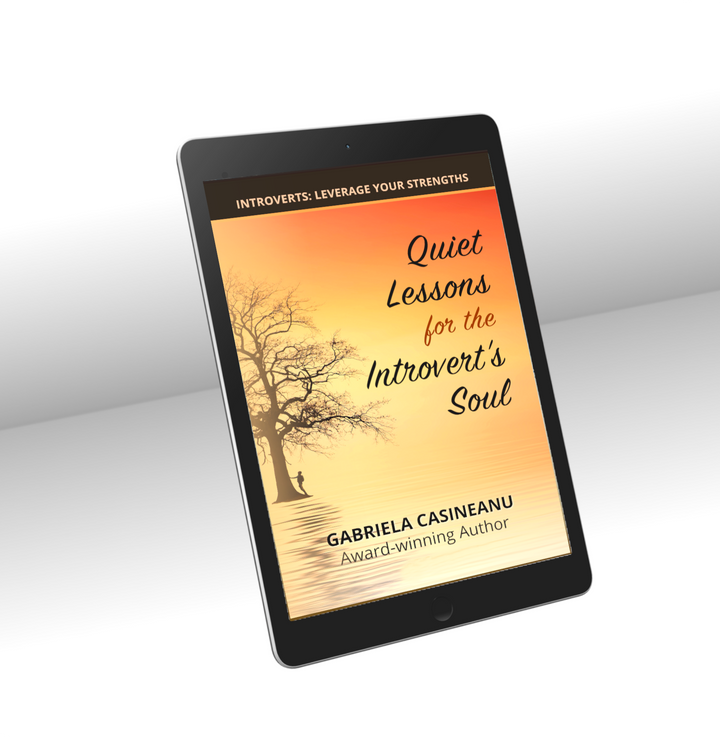An e-book cover of 'Quiet Lessons for the Introvert’s Soul' by Gabriela Casineanu, featuring an image of a tree and a setting sun.