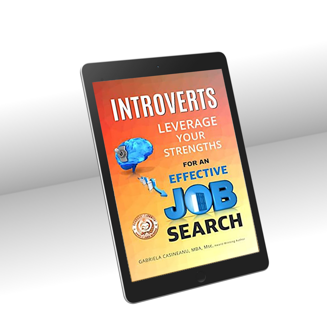 An e-book cover displayed on a tablet, titled 'Introverts: Leverage Your Strengths for an Effective Job Search'.
