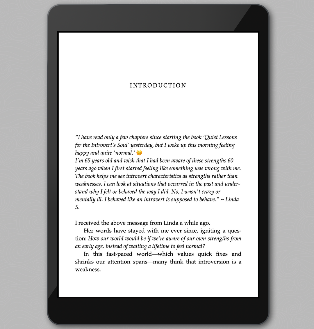 Digital tablet displaying first page of the Introduction - e-book Awaken Your Introvert Strengths with text on a gray background