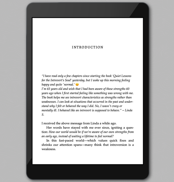 Digital tablet displaying first page of the Introduction - e-book Awaken Your Introvert Strengths with text on a gray background