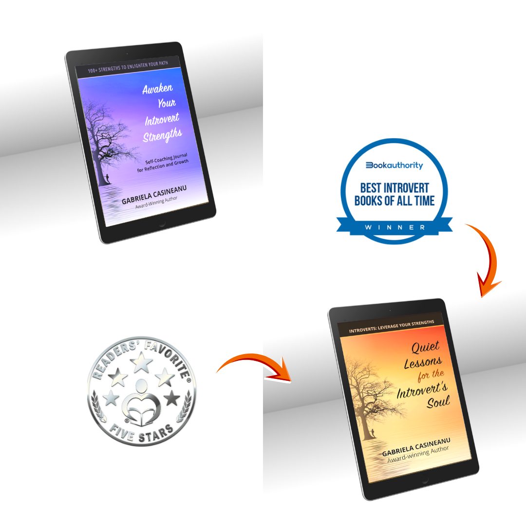 Two tablets displaying book covers of Awaken Your Introvert Strengths journal and Quiet lessons for the Introvert's Soul  with accolades on a white background