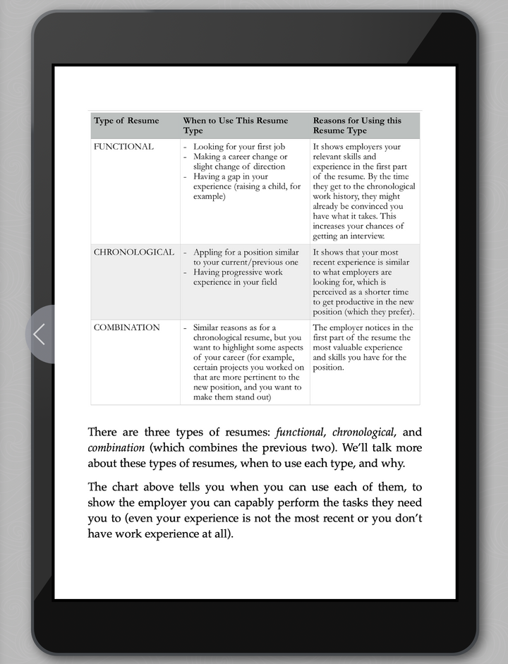 tablet view of resume types from ebook Introverts Leverage Your Strengths for an Effective Job Search